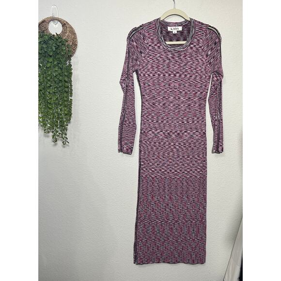 NEW KADA The Space Dye Ribbed Midi Dress Size Medium Berry Pink Black Baddie - Picture 4 of 11